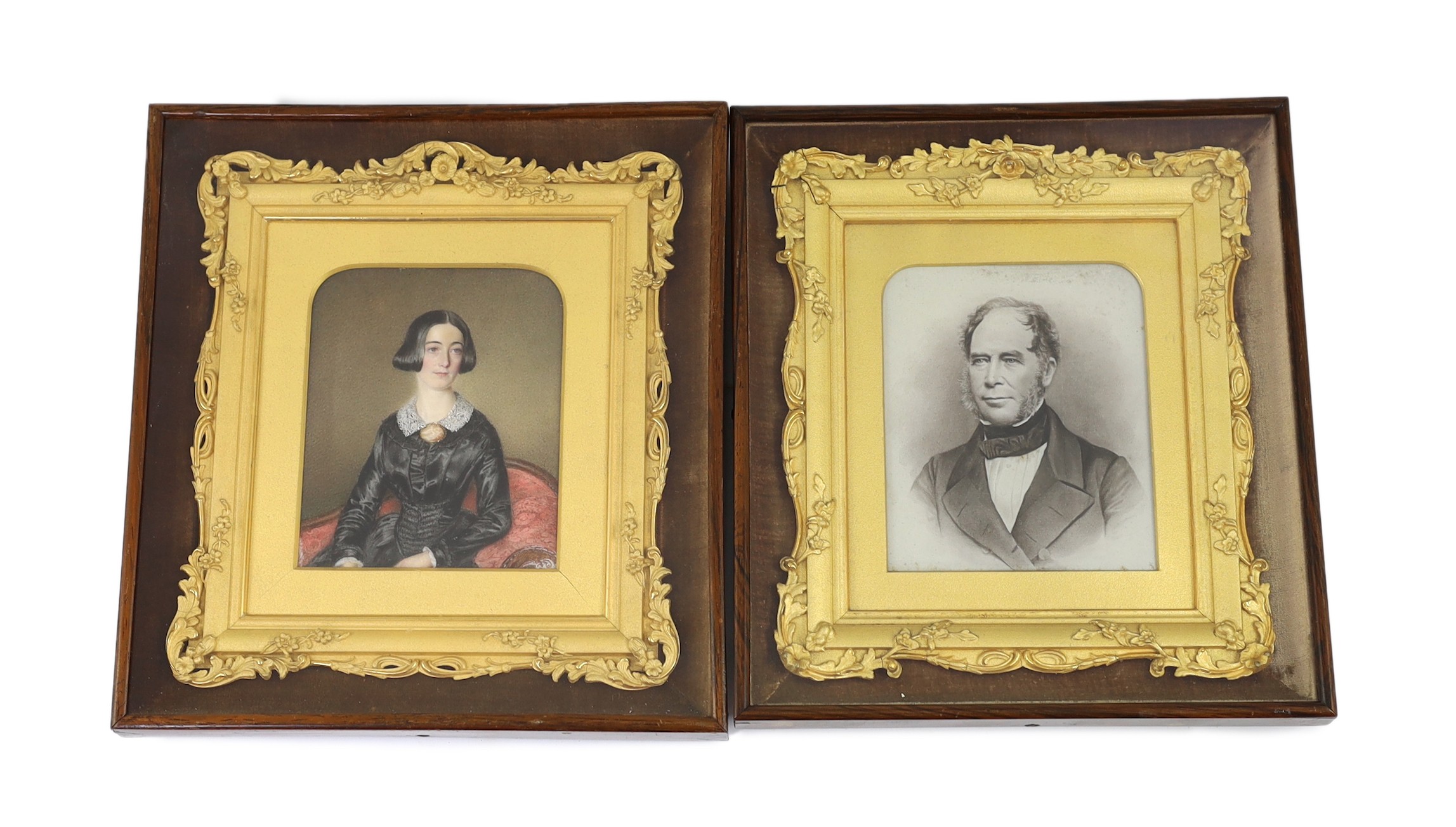 Mid 19th Century English School, Miniature family portraits, watercolour on white marble, 12 x 10 cm